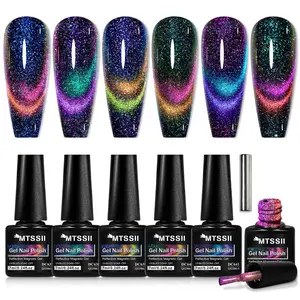 Aurora Reflective Cat Eye Gel Nail Polish Set, 6pcs Glitter Reflective Magnetic Nail Gel with 1pc Stick, Semi Permanent Uv Gel Diy Nail Art for Manicure, Nail Care
