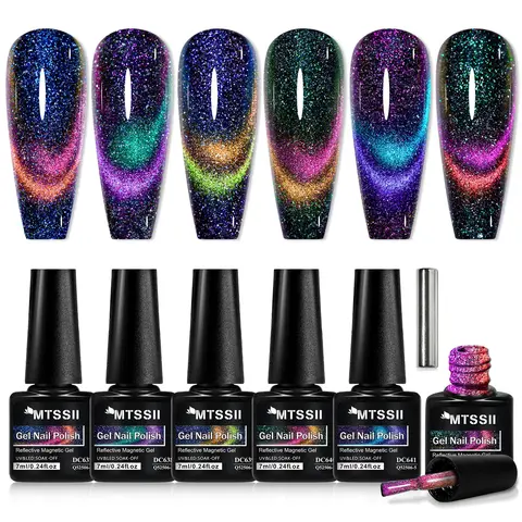 Aurora Reflective Cat Eye Gel Nail Polish Set, 6pcs Glitter Shimmer Gel Reflective Magnetic Nail Gel with 1pc Stick, Semi Permanent Uv Gel Diy Nail Art for Manicure, Nail Care, Color Gel Polish Holographic Gel Nail Polish Gel Nail Polish Kit