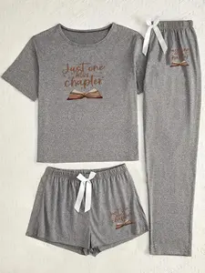 Women's Three-Piece Sleepwear Set, Book Letter Print Design, Casual Fitted Style, All-Season Comfortable Wear