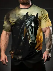 Men's 3D Horse Print T-Shirt - Black and Gold Galloping Horse Pattern, Short-Sleeve Crew Neck Casual Sports Shirt, Comfortable, Breathable, Versatile Men's Short-Sleeve T-Shirt