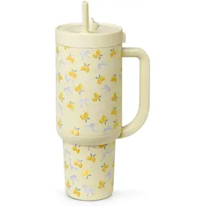 Beige Gingham 40oz Stainless Steel Water Bottle Insulated Reusable Travel Bottle with Lemon Pattern for Home Office & Travel