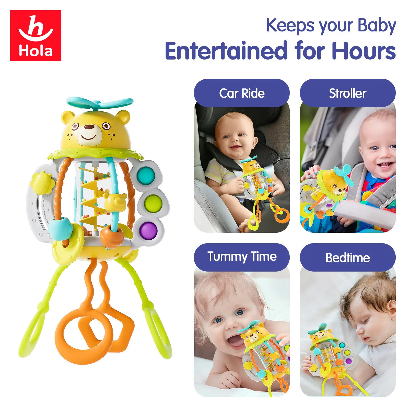 HOLA Baby Sensory Rattle Toy, Silicone Pull String Teether, Montessori Activity Toy for Toddlers, Travel & Car Seat Entertainment Teething Relief Set