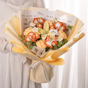 Rose and lily knitted bouquet, handmade flowers for girlfriend or best friend