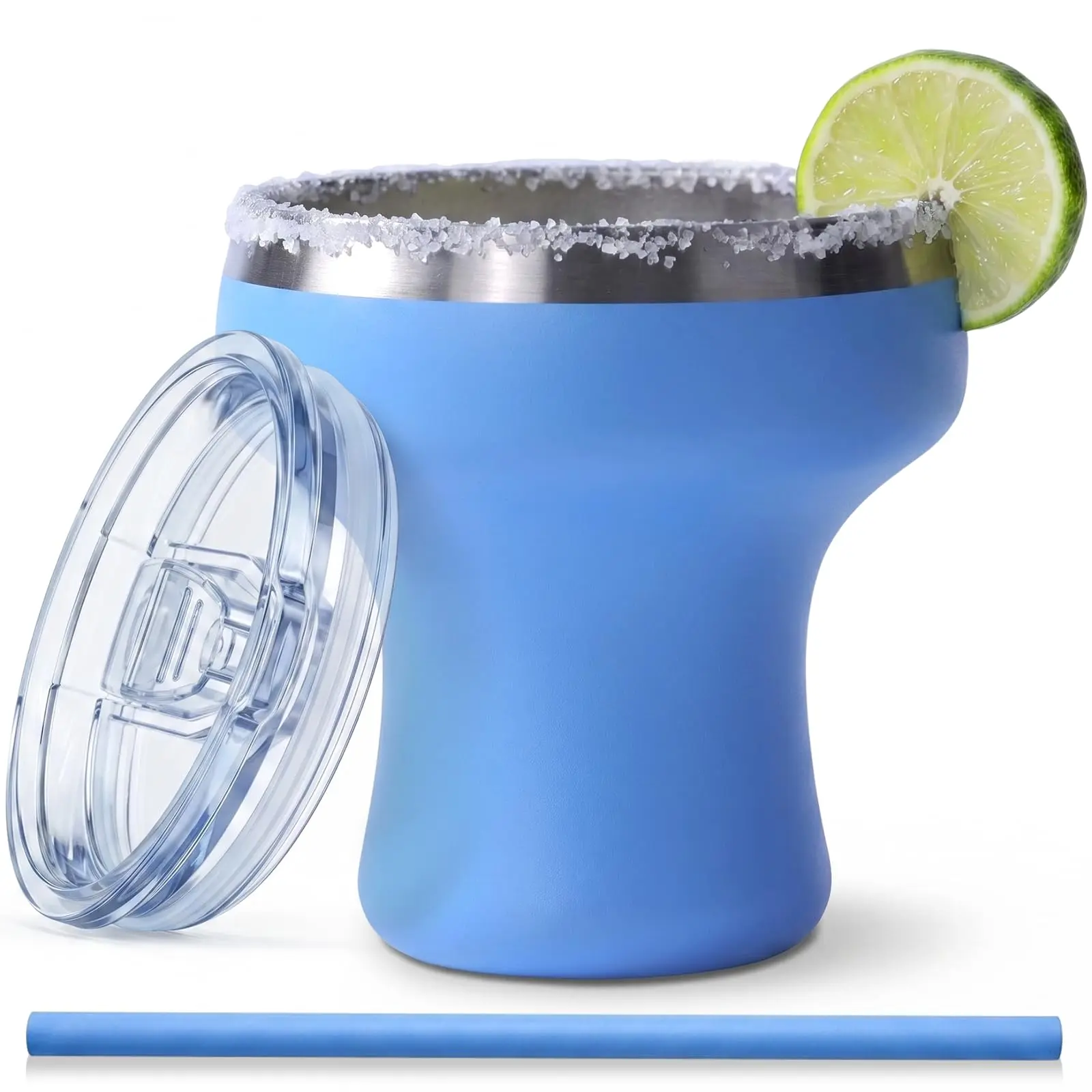 11 oz Vacuum Insulated Margarita Tumbler - Stainless Steel Margarita Cup with Lid & Straw - Shatterproof Cocktail Tumbler for Ice-Cold Sips by the Pool Patio & Beach - Blue