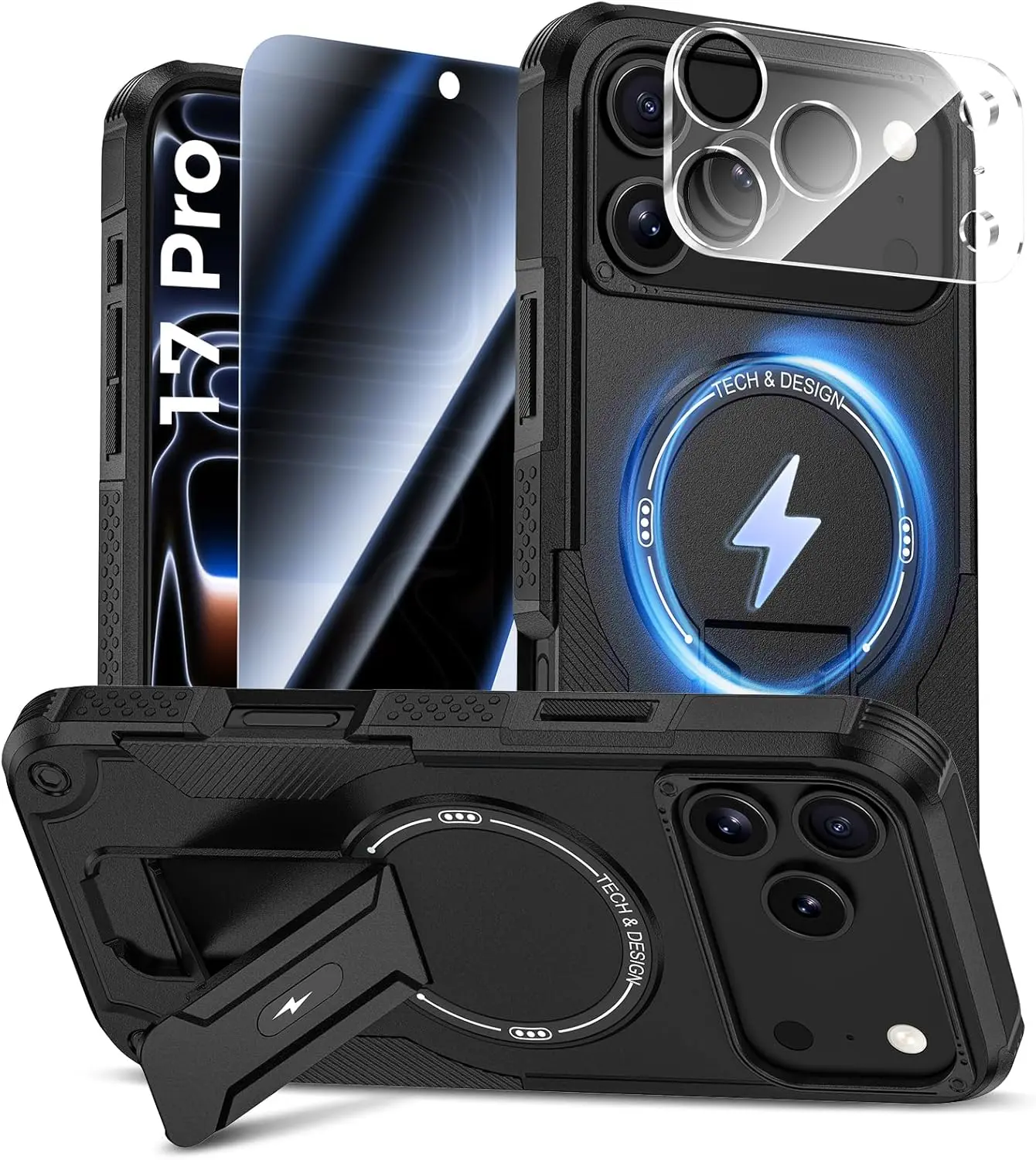 iPhone 17 Pro Max Smartphone Accessory Kit - Heavy Duty Shockproof Casing with Removable Cover, Privacy Tempered Glass Screen Protector, Camera Lens Cover, MagSafe Ready Compatibility, Invisible Kickstand, Full Protection, Black Cellphone Accessory