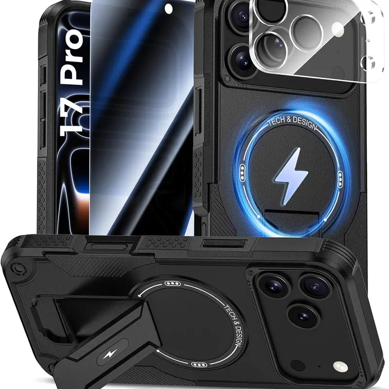 Magnetic Smartphone Casing for iPhone 17 Pro Max - MagSafe-Ready, with Privacy Tempered Glass Screen Protector, Integrated Invisible Kickstand, Heavy Duty Protection, Shockproof Accessory, Black
