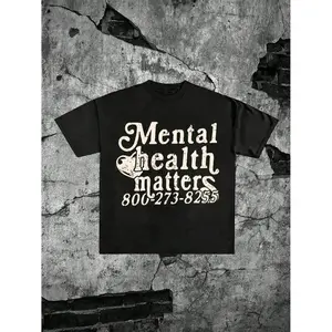 FEEGO Men's Pure Cotton Short-Sleeve T-Shirt, Breathable Knit Round Neck Top with "Mental Health Matters" Printed Slogan, Casual Menswear for Summer, Streetwear Use,summervibes Crewneck Shortsleeve Tshirt
