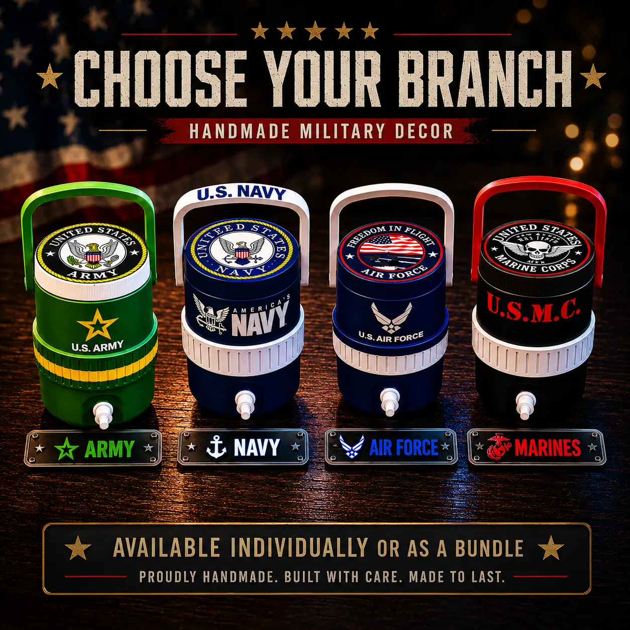 Military Branch Decorative Light, Army Navy Air Force Marines Gift, Veteran Gift, Military Desk Decor, Handmade Military Display