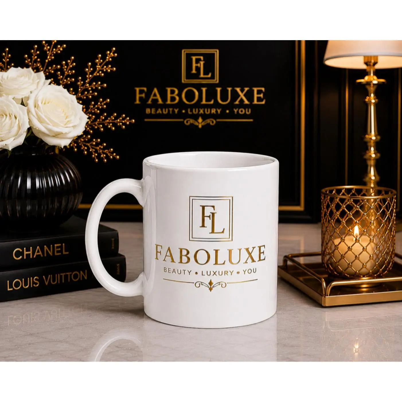 Faboluxe Luxury White Ceramic Mug with Gold Logo and "Beauty Luxury You" Text for Elegant Home Decor