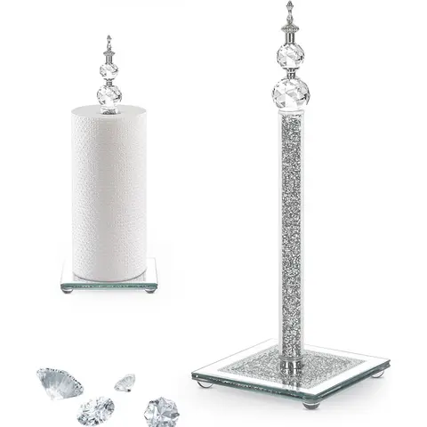Bling Silver Water-Cleanable Glass Paper Towel Holder with Sparkling Diamonds, 16cm x 16cm Square Base, 1.9lb Weighted Durable Anti-Scratch Countertop Dispenser for Kitchen, Living Room