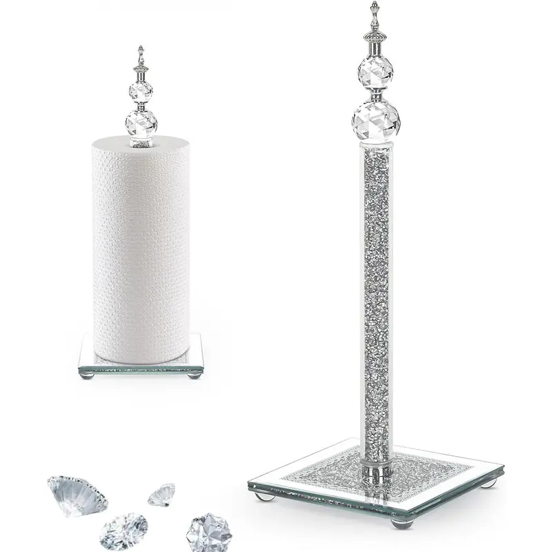 Bling Silver Water-Cleanable Glass Paper Towel Holder with Sparkling Diamonds, 16cm x 16cm Square Base, 1.9lb Weighted Durable Anti-Scratch Countertop Dispenser for Kitchen, Living Room