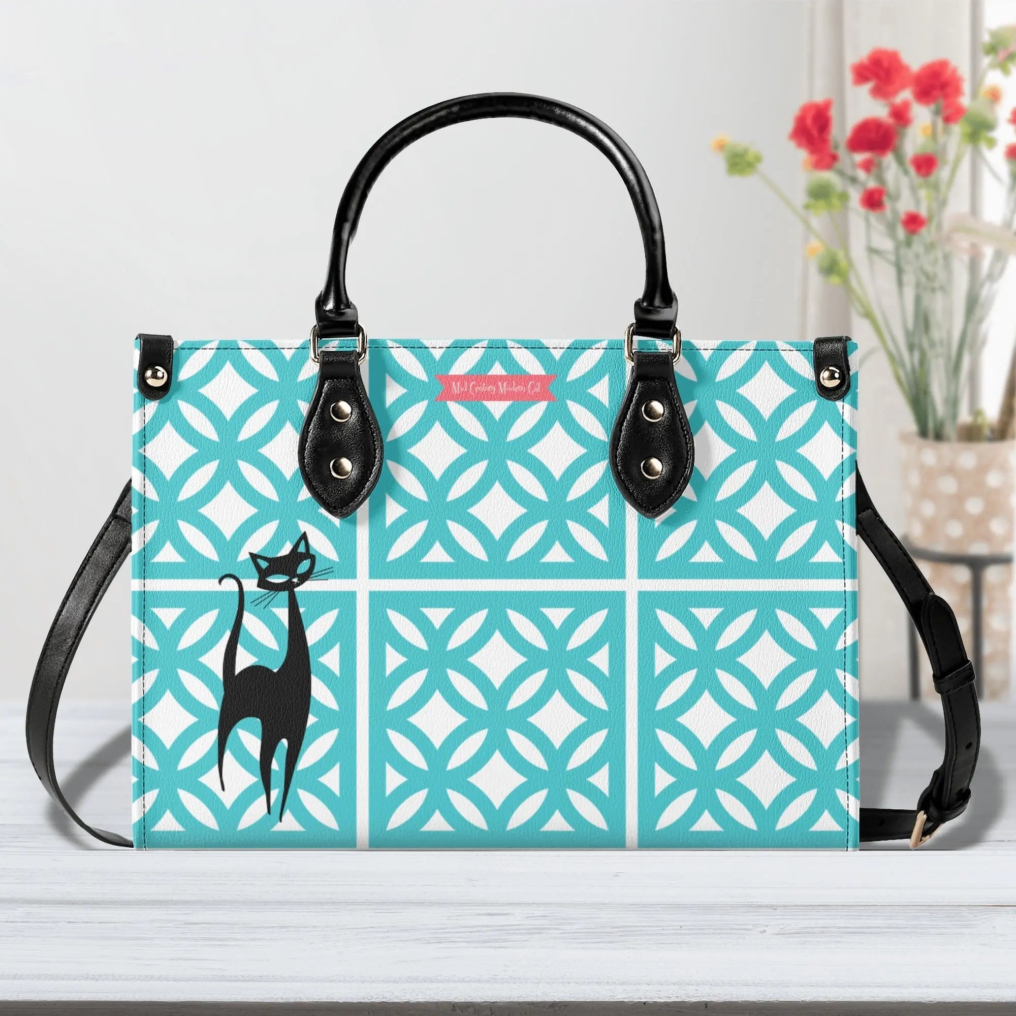 Mid Century Modern 50s Breeze Block, Aqua Coral, Atomic Cat, Spring Summer  MCM Gal Signature Kitschy Handbag, Shoulder Bag