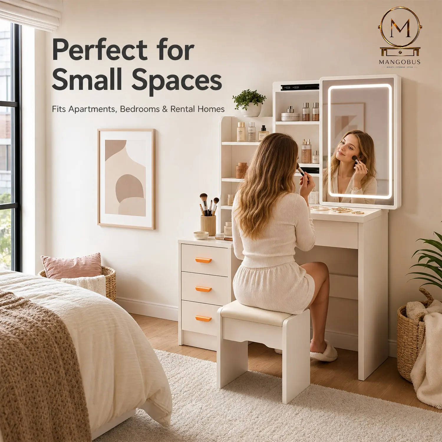 Lighted Mirror Makeup Vanity Desk, White Dressing Table with Drawers, 3 Shelves and Chair, Large Capacity Storage Organizer for Bedroom light