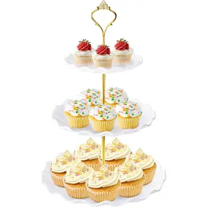 3 Tier Cupcake Stand Tower, White Plastic Cup Cake Holder for Dessert Table, Tiered Serving Tray for  Party,  Shower, Wedding and More (Round Wave)