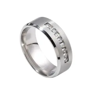 6mm & 8mm Titanium Beveled Diamond Ring The Perfect Boyfriend Gift Couple's Gift Stainless Steel Wedding Band Featuring 9 Princess Cut Diamonds Smooth Luxury Groom's Ring#9-12
