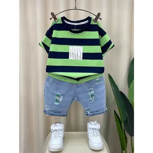 Boys' Summer Striped Short Sleeved+ripped Denim Shorts Two-piece Set, Boys' Breathable Casual Suit, Trendy Outdoor Wear, Perfect for Outdoor