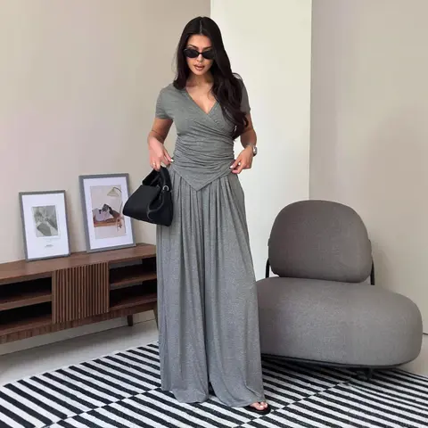 LikeMychoice Lady's 2-Piece Clothes Set - V-Neck Wrap Ruched Top, High-Waist Wide Leg Pants, Breathable Basic Minimalist Heather Grey Casual Women's Suit