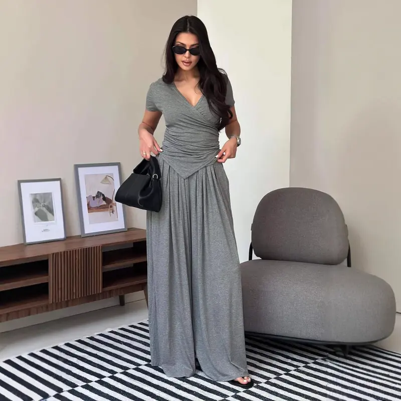 LikeMychoice Lady's 2-Piece Clothes Set - V-Neck Wrap Ruched Top, High-Waist Wide Leg Pants, Breathable Basic Minimalist Heather Grey Casual Women's Suit