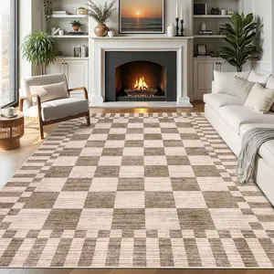 Machine Washable Checkered Living Room Rugs, Geometric Plaid Indoor Modern Bedroom Rug Soft Non Slip Contemporary Floor Rugs for Dining Room Minimalist Textured Low Pile Ultra Thin Large Carpet for Home Office Decor