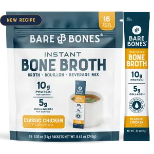 Bare Bones Instant Bone Broth | 10g Protein & 5g Collagen | Gut Health & Protein Boost | Keto, Paleo, Intermittent Fasting Friendly | 16 Stick Packs - Collagen