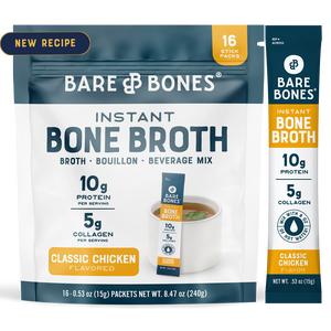 Bare Bones Instant Bone Broth | 10g Protein & 5g Collagen | Gut Health & Protein Boost | Keto, Paleo, Intermittent Fasting Friendly | 16 Stick Packs - Collagen