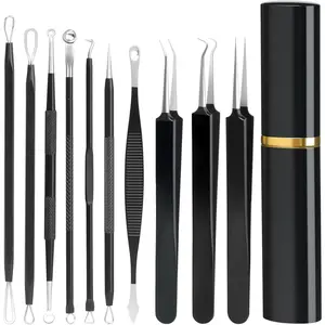 Pimple Popper Tool Kit,10 Pcs Professional Blackhead Remover Comedones Extractor for Easy Removal for Pimples,Blackheads,Zit Removing, Facial and Nose, Acne Removal Kit with Metal Box (Black)