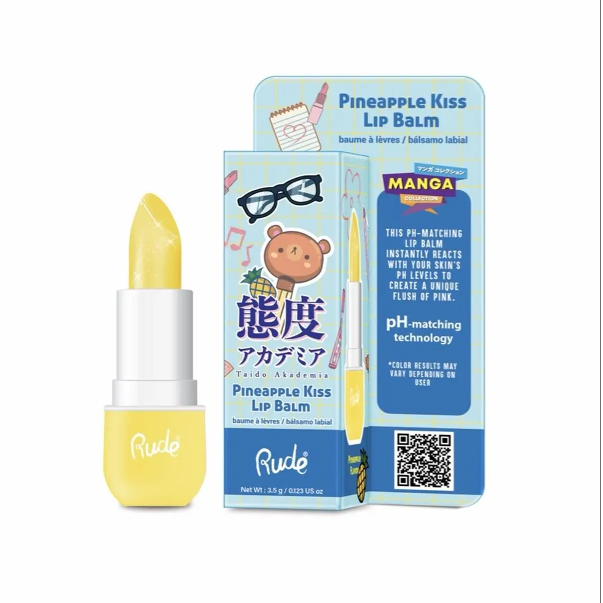 Rude Pineapple Kiss Lip Balm - pH-Matching Technology for Unique Pink Shade - 3.4g/0.12oz - Manga Series - Taida Akademia