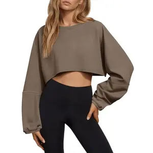 Fashare Womens Long Ballon Sleeve Sweatshirts Tops Cropped Crew Neck Loose Fit Casual Workout Shirts