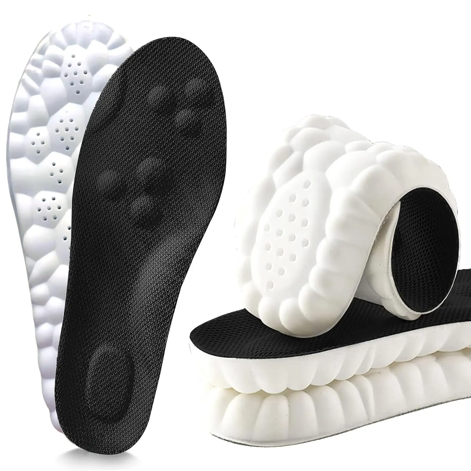 Memory Foam Cushioned Insoles for Men and Women - 4D Arch Support for Plantar Fasciitis Relief & Shock Absorption, Breathable Honeycomb Design for Footwear (2 Pairs, Black), Shoe, Black*2Pcs, Shock Absorbing Sole, Plantar Relief, Soft, Cloud