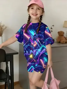 Fashion Tech Anime Character Set, Girls' Casual Homewear, Short Sleeve Top, Shorts, All over Print, Slim Fit, Natural Waist