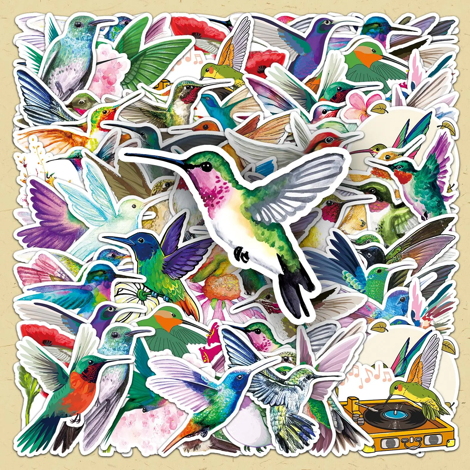 Hummingbird Pattern Sticker, 100pcs/set Watercolor Hummingbird Decorative Sticker, DIY Decals for Water Bottle, Laptop, Cellphone, Phone Case, Scrapbooking, Journal Making