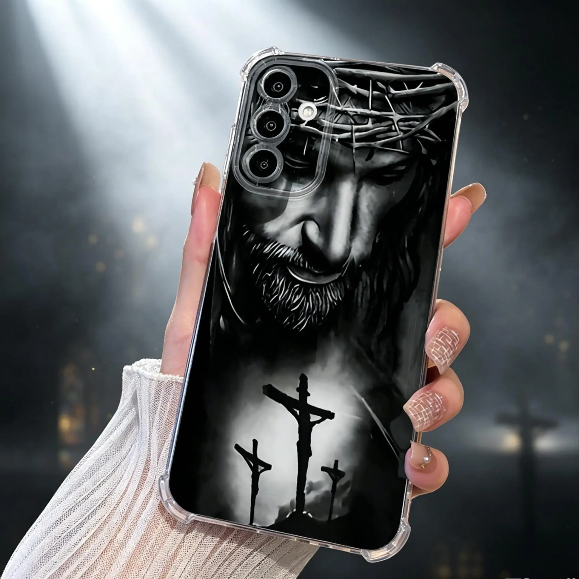Black and white thorn crown Jesus cross print pattern design Aesthetic TPU Casing For SAMSUNG GALAXY A26A34A35A36A53A54A55A56 IPHONE 17 Four Corners Transparent Soft Silicone TPU Gift Shockproof Anti-Drop Phone Cases Shell Cover L1582
