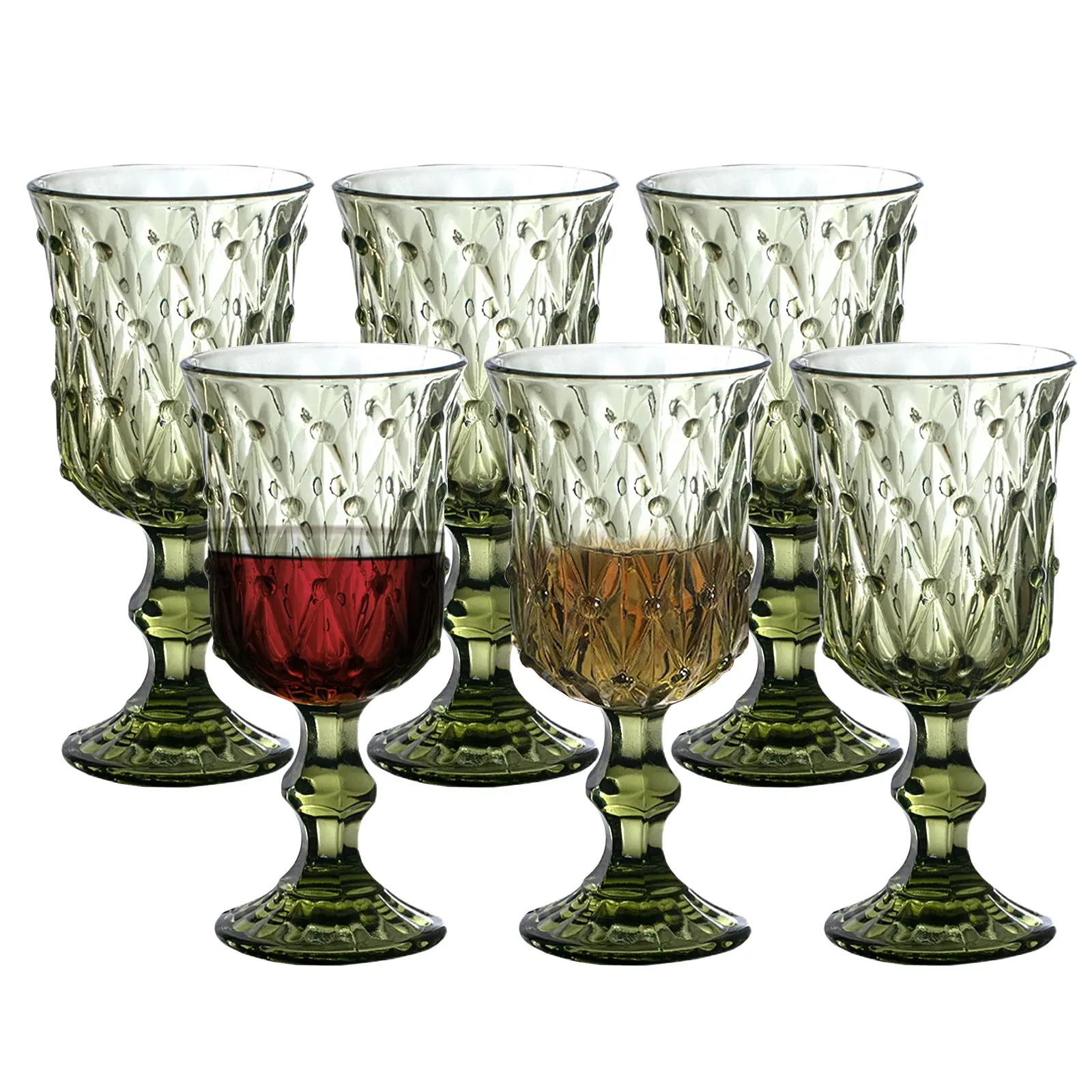 6-Pack Vintage Green Embossed Stemmed Wine Glasses - European Romantic Durable Glass Kitchenware Drinkware with Comfortable Grip Design for Wine, Dining
