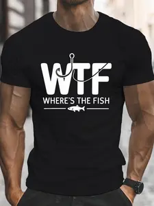 Men's Geometric Print with Text 'WTF WHERE's THE FISH?' Graphic T-Shirt - 100% Cotton black Short Sleeve Crew Neck Regular Fit Casual Wear | Soft & Breathable Fabric, Durable Print, Everyday Comfort, Machine Washable, Casual Summer