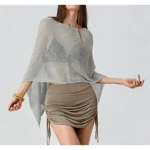 Women's Sheer Knit Poncho Top, Asymmetric One-Shoulder Lightweight Sweater Poncho, Casual Loose Fit Transparent Beach Cover Up