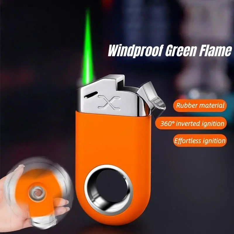Butane-Free Windproof Green Flame Ring Lighter - 360° Inverted Effortless Ignition, Refillable Gas, Rotary Decompression, Adjustable Flame - For Outdoors Survivalists, Camping, BBQ Use, 360° Inverted Ignition, Flame Size Adjustment