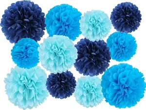 12 Pcs Tissue Pom Poms Kit, Tissue Paper Flowers for Birthday, Boy Baby Shower, Nursery, Graduation, Bachelorette Party Decoration (Blue Mix)