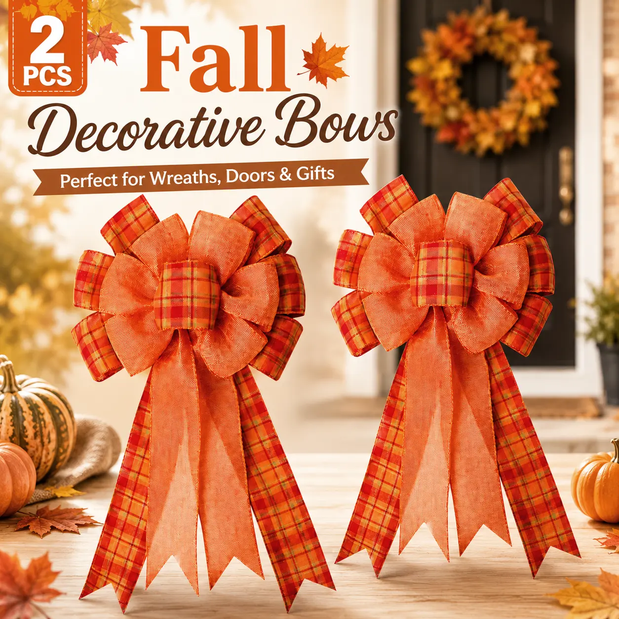 2 Pcs Fall Bows for Wreaths – 9.84*18.9in Orange Buffalo Plaid Burlap Bows, Halloween Tree Topper, Thanksgiving Front Door Outdoor Decor