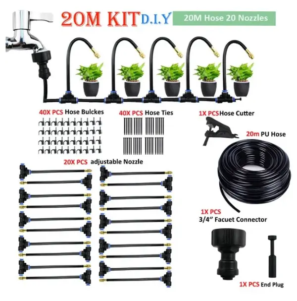 Adjustable Water Sprinkler Automatic Watering Kit - 5M/10M/20M Flexible Hose-Powered Portable Spray Set with 20cm Rotating Copper Nozzle for Balcony, Rainforest Irrigation