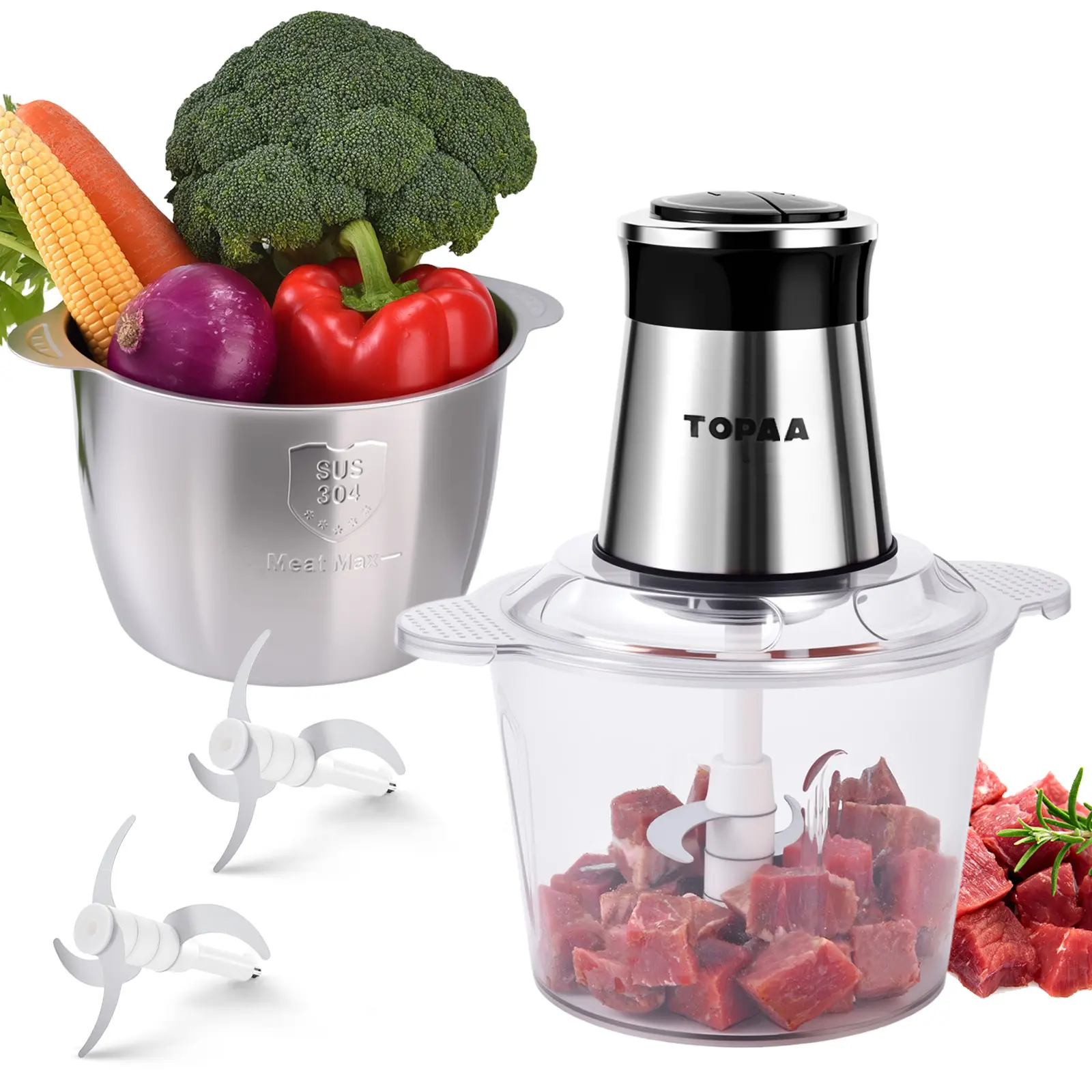 TOPAA Meat Grinder Electric Machine, Food Processors, Meat Grinder 2 Sets Bi-Level Blades, Mixer Grinder Electric,Food Grinder,Electric Stainless Steel Multi-Functional Grinder
