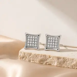 Silver Full Pave CZ Curved Square Stud Earrings, 4×4 Grid Micro Zircon Cushion Shape Bling Iced Out Statement Ear Studs for Women Men