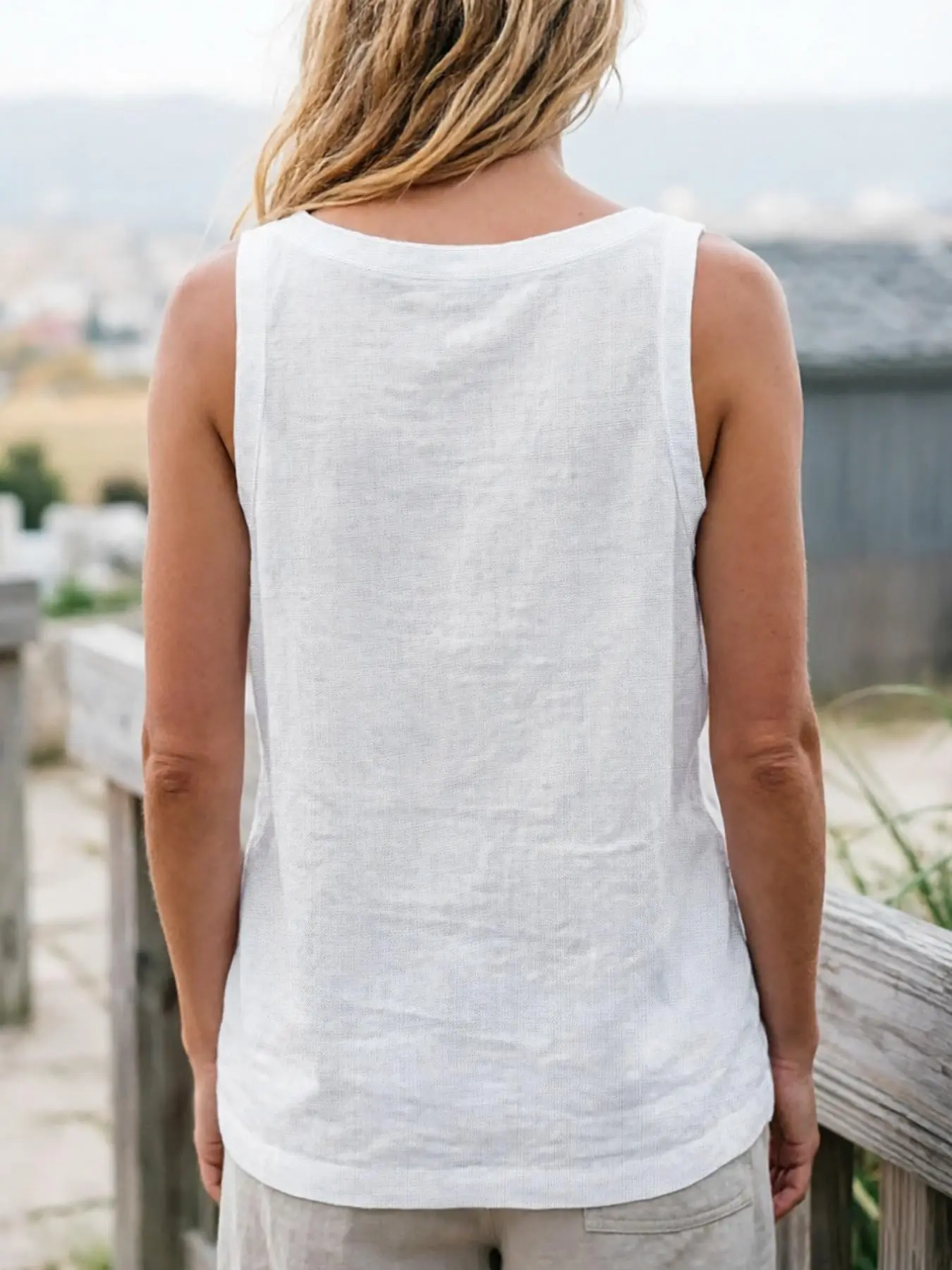 French Lazy Linen V-Neck Sleeveless T-Shirt, Basic Casual 