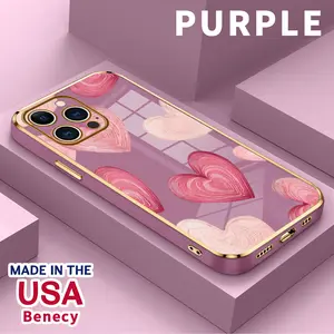Soft Case for iPhone 17 15 Pro Max 16 14 Plus Air 13 12 11 Hearts in Soft Hues Luxury Golden Edge Electroplating TPU Full Camera Lens Protection Phone Cover for