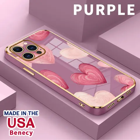Soft Phone Case for iPhone 17 15 Pro Max 16 14 Plus Air 13 12 11 Hearts in Soft Hues Luxury Golden Edge Electroplating TPU Full Camera Lens Protection Phone Cover Smartphone Cellphone Casing