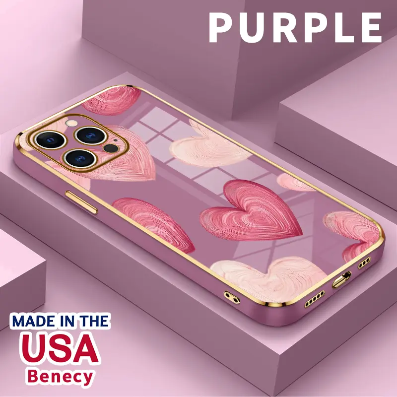 Soft Phone Case for iPhone 17 15 Pro Max 16 14 Plus Air 13 12 11 Hearts in Soft Hues Luxury Golden Edge Electroplating TPU Full Camera Lens Protection Phone Cover Smartphone Cellphone Casing