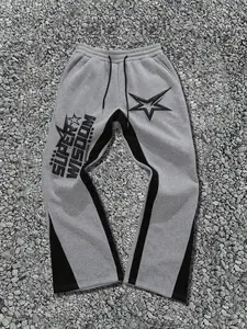 Trendy Sky Blue Patchwork Casual Pants, Side Colorblock + Star & Letter Print, Loose Fit, Perfect for Daily Wear & Street Style