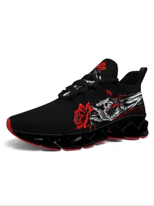 Men's Skeleton & Rose Print Lace Up Low Top Sneakers, Casual Comfortable Breathable Sports Running Shoes, Gym Training Sport Walking Shoes, Runner Athletic Shoe