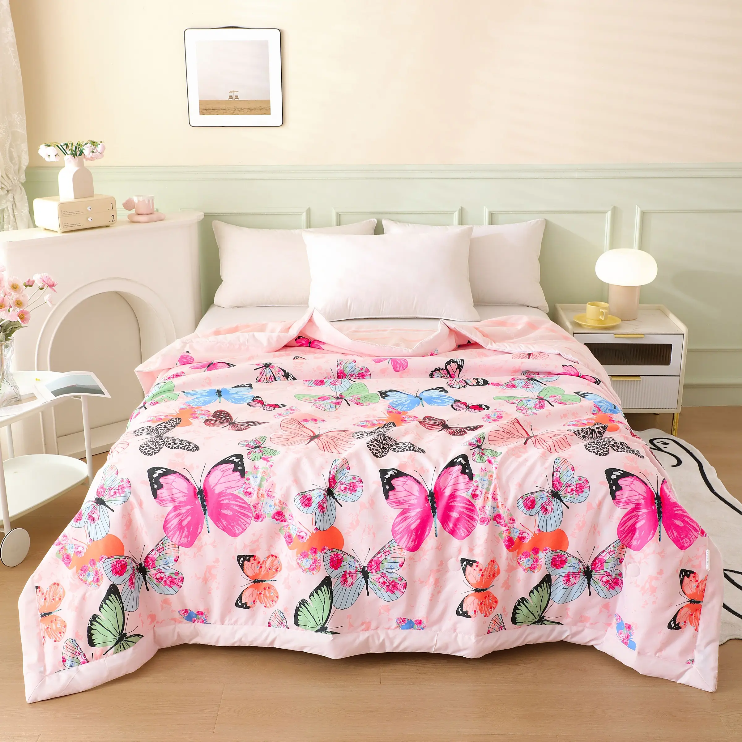 1pc Soft Summer Quilt, Butterfly Knot Plant Flower Print Blanket, Floral Print Quilt, Comfortable All-Season Bedding for Twin Single Beds Hotel Rooms Sofa