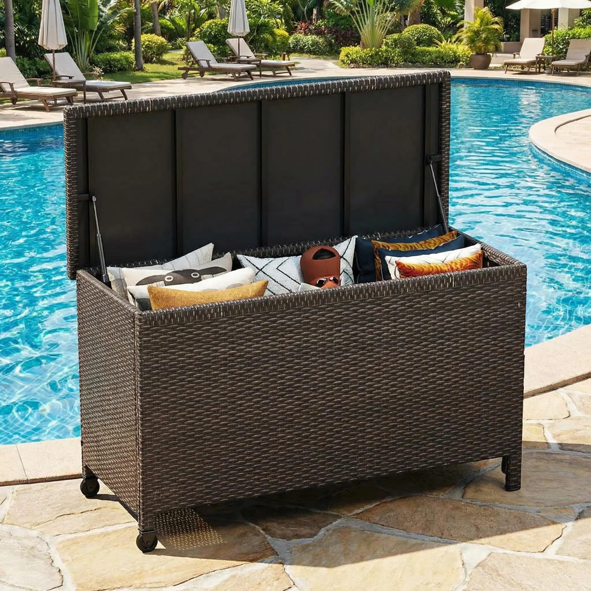 125 Gallon Wicker Deck Box, All-Weather Outdoor Storage Bin with Rattan Finish – Large Capacity for Patio Furniture, Cushions, Pool Supplies & Garden Tools, Brown