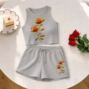 Women's Rose Print Sleeveless Tank Top And Drawstring Shorts Set, Casual Summer Sportswear Two Piece Outfit, Ribbed Knit Tank And Shorts Set For Everyday Wear